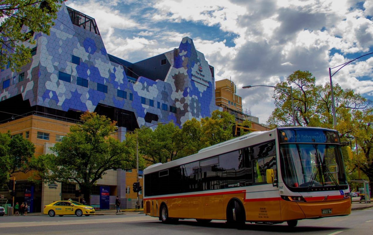 bus in front of a building