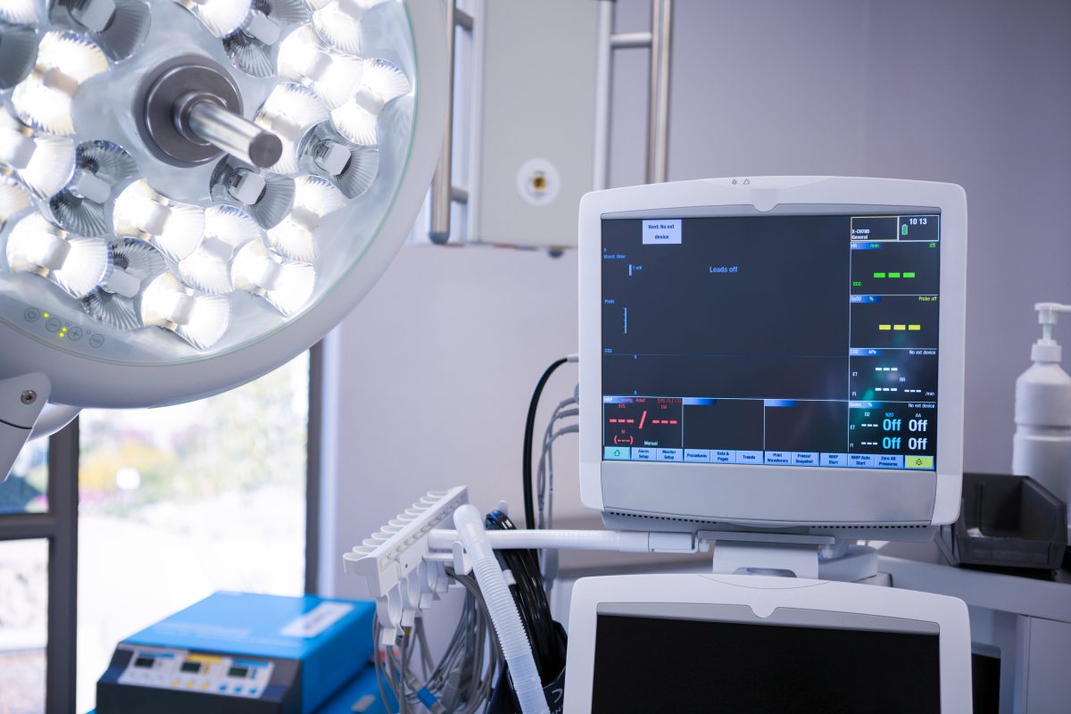 Equipment and medical devices in modern operating room at hospital