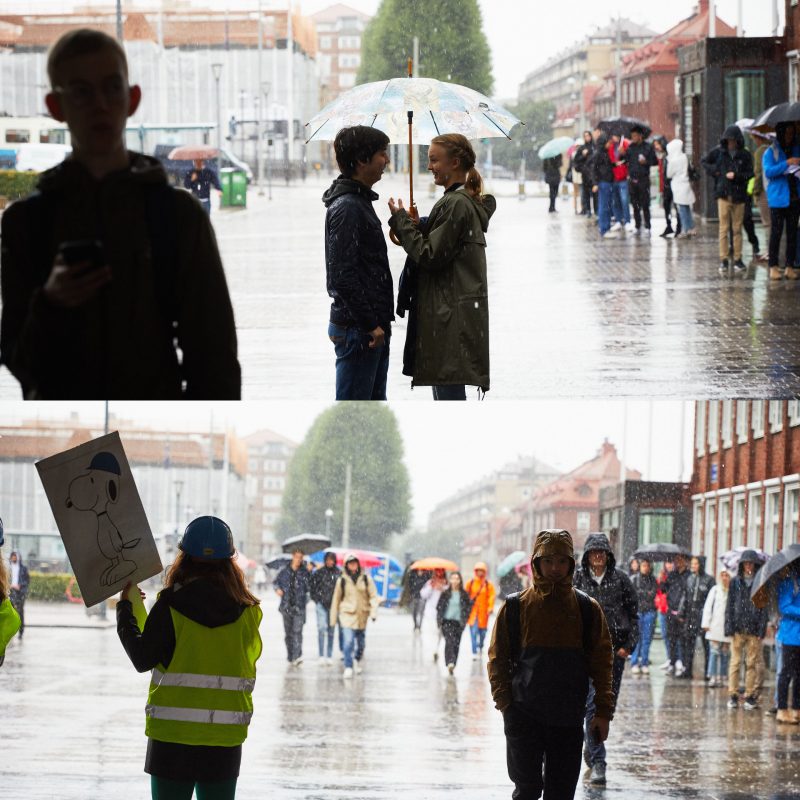 people walking in the rain at Chalmers