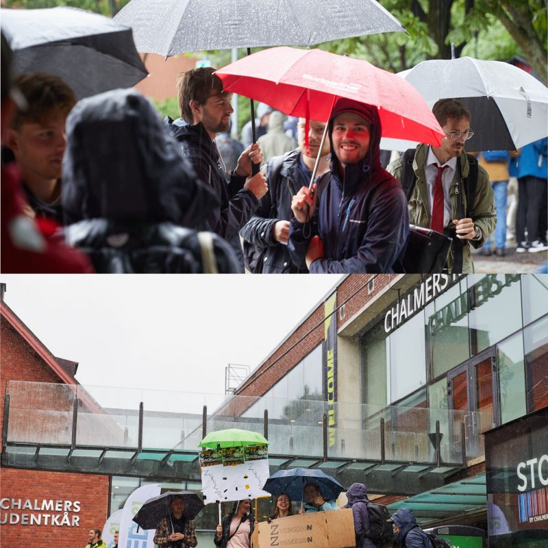 people standing in the rain with umbrellas at Chalmers